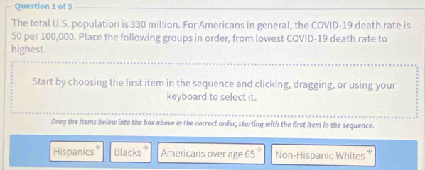 The total U.S. population is 330 million. For Americans in general, the COVID- 19 death rate is
50 per 100,000. Place the following groups in order, from lowest COVID- 19 death rate to
highest.
Start by choosing the first item in the sequence and clicking, dragging, or using your
keyboard to select it.
Drag the items below into the box above in the correct order, starting with the first item in the sequence.
Hispanics Blacks Americans over age 65 Non-Hispanic Whites ,