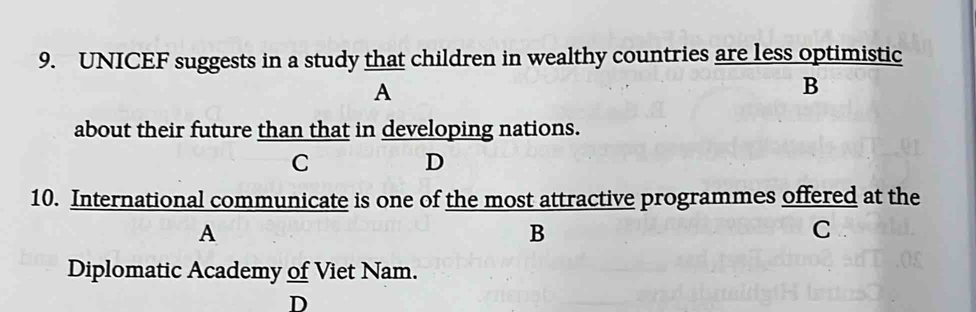 UNICEF suggests in a study that children in wealthy countries are less optimistic
A
B
about their future than that in developing nations.
C
D
10. International communicate is one of the most attractive programmes offered at the
A
B
C
Diplomatic Academy of Viet Nam.
D