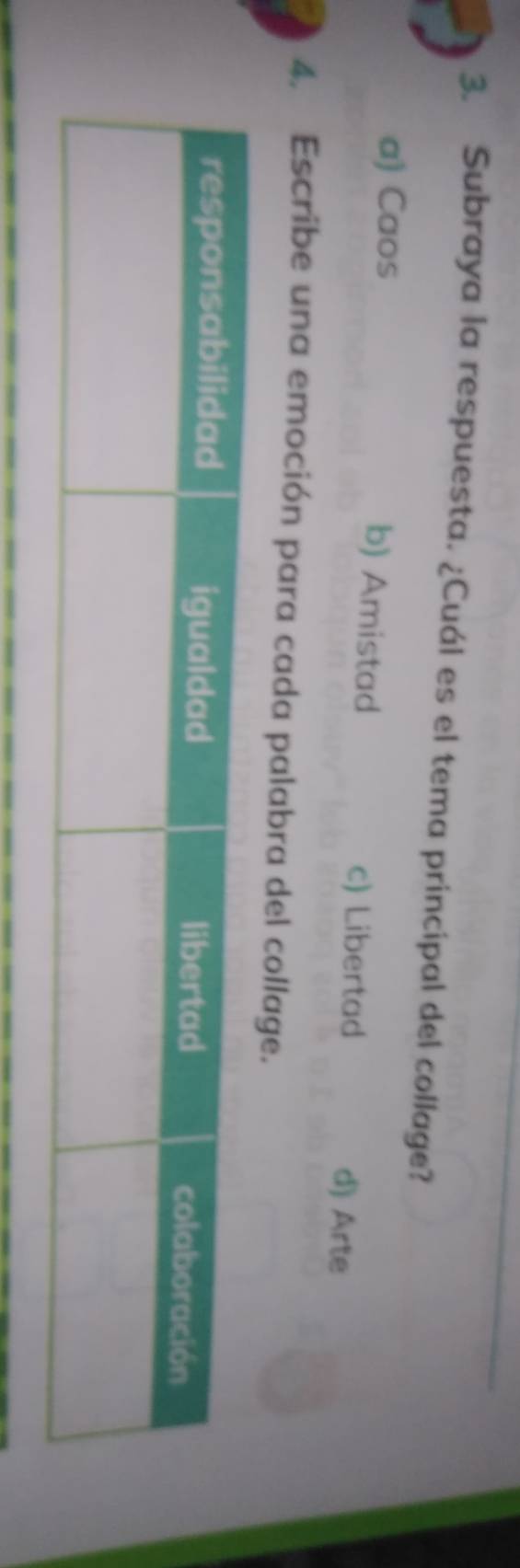 Subraya la respuesta. ¿Cuál es el tema principal del collage?
a) Caos b) Amistad c) Libertad d) Arte
4. Escribe una emoción para cada palabra del collage.
