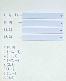 (-1,-1) overline  (□)^
(0,0) □
(1,1) ^circ  x_△ ABC= □ /□   □  7
(8,2) (□)^ □ 
a. (0,0)
b. (-1,-1)
C. (-1,1)
d. (-2,-8)
e. (2,8)
f. (1,1)
g. (1,-1)
h. (-8,-2)