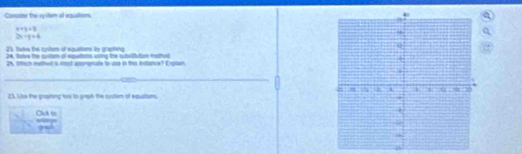 Consstor the cystem of equatem
beginarrayr x+y=82x-y=4endarray 
a 
23. Sulve the cyslam of equistiom ty gracting 
24. Sae the avilam of equabrs using the aubistution mathed 
25. Which methed is mot abproprste to use in this instanice? Expiain 
23. Use the graphing ton to grph the zystism of equatams, 
Clck to