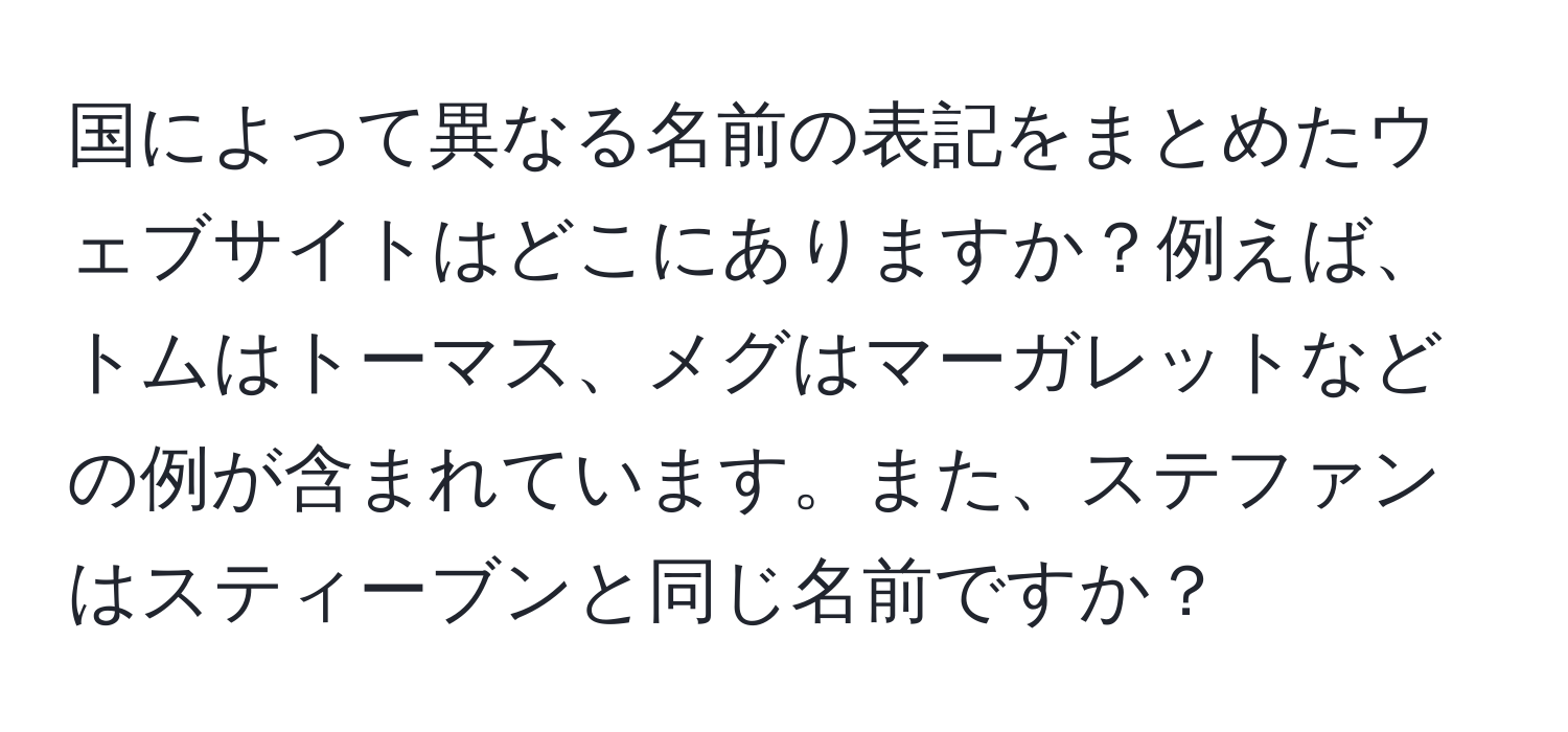 国によって異なる名前の表記をまとめたウェブサイトはどこにありますか？例えば、トムはトーマス、メグはマーガレットなどの例が含まれています。また、ステファンはスティーブンと同じ名前ですか？