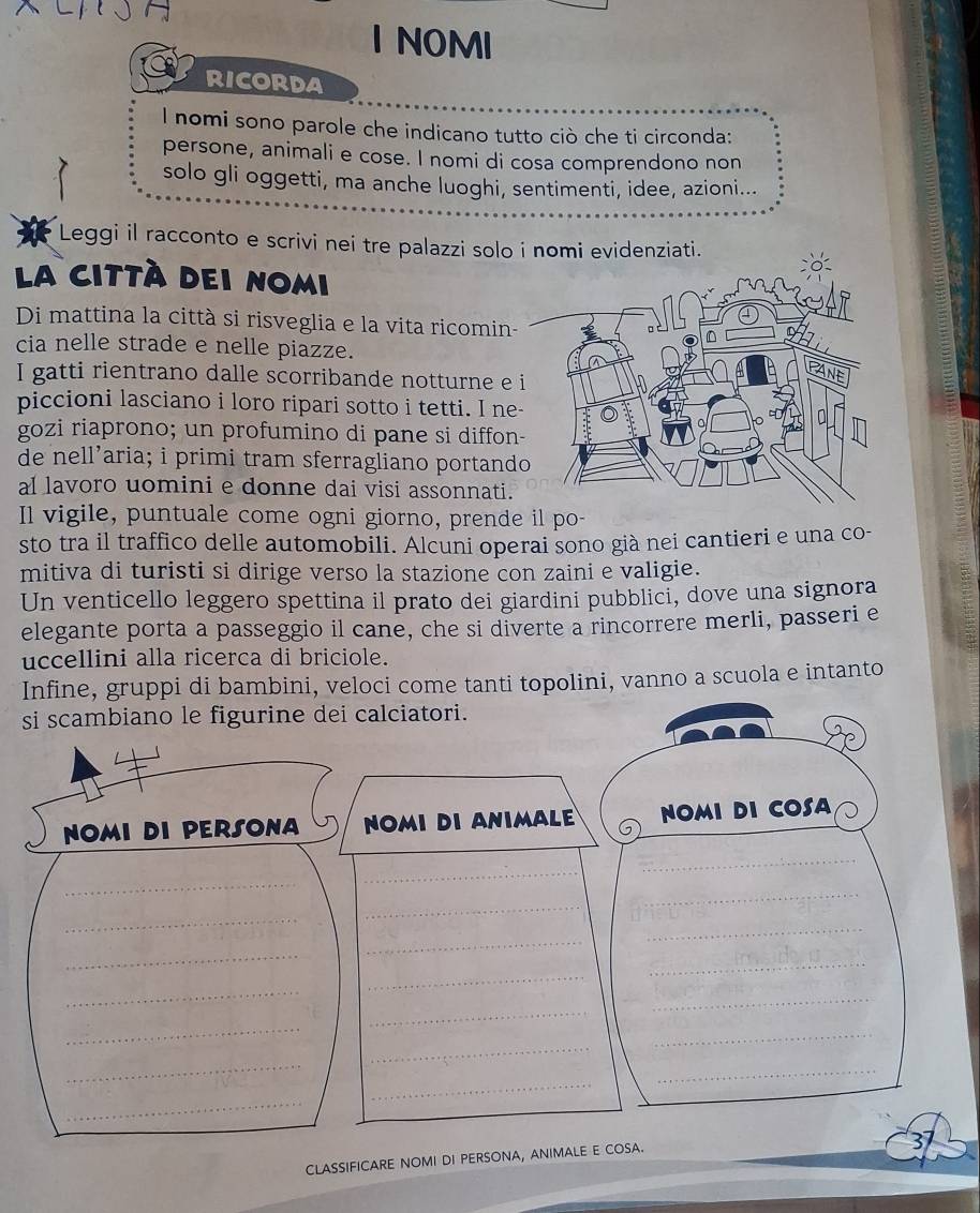 NOMI 
RICORDA 
l nomi sono parole che indicano tutto ciò che ti circonda: 
persone, animali e cose. I nomi di cosa comprendono non 
solo gli oggetti, ma anche luoghi, sentimenti, idee, azioni... 
Leggi il racconto e scrivi nei tre palazzi solo i nomi evidenziati. 
la città dei nomi 
Di mattina la città si risveglia e la vita ricomin- 
cia nelle strade e nelle piazze. 
I gatti rientrano dalle scorribande notturne e 
piccioni lasciano i loro ripari sotto i tetti. I ne 
gozi riaprono; un profumino di pane si diffon 
de nell’aria; i primi tram sferragliano portand 
al lavoro uomini e donne dai visi assonnati. 
Il vigile, puntuale come ogni giorno, prende il po- 
sto tra il traffico delle automobili. Alcuni operai sono già nei cantieri e una co- 
mitiva di turisti si dirige verso la stazione con zaini e valigie. 
Un venticello leggero spettina il prato dei giardini pubblici, dove una signora 
elegante porta a passeggio il cane, che si diverte a rincorrere merli, passeri e 
uccellini alla ricerca di briciole. 
Infine, gruppi di bambini, veloci come tanti topolini, vanno a scuola e intanto 
si scambiano le figurine dei calciatori. 
NOMI DI PERSONA NOMI DI ANIMALE NOMI DI COSA 
_ 
_ 
_ 
_ 
_ 
_ 
_ 
_ 
_ 
_ 
_ 
_ 
_ 
_ 
_ 
_ 
_ 
_ 
_ 
_ 
_ 
CLASSIFICARE NOMI DI PERSONA, ANIMALE E COSA.