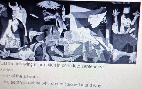 List the following information in complete sentences: 
- artist 
- title of the artwork 
- the person/institute who commissioned it and why