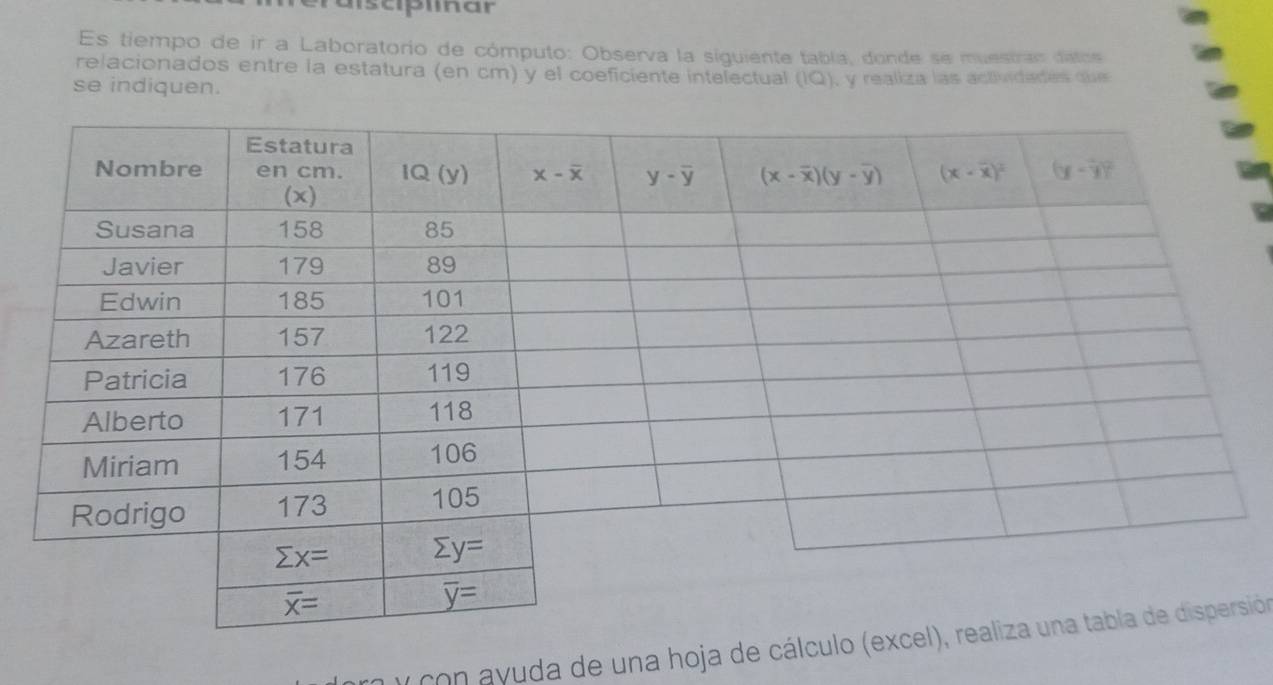 raisciplinar
Es tiempo de ir a Laboratorio de cómputo: Observa la siguiente tabla, donde se muestras datos
relacionados entre la estatura (en cm) y el coeficiente intelectual (IQ), y realiza las actividades que
se indiquen.
y con ayuda de una hoja de cálción