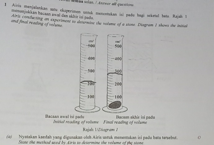 semua solan. / Answer all questions
1 Airis menjalankan satu eksperimen untuk menentukan isi padu bagi seketul batu. Rajah 1
menunjukkan bacaan awal dan akhir isi padu.
Airis conducting an experiment to determine the volume of a stone. Diagram I shows the initial
and final reading of volume.
Bacaan awal isi padu Bacaan akhir isi padu
Initial reading of volume Final reading of volume
Rajah 1/Diagram 1
(α) Nyatakan kaedah yang digunakan oleh Airis untuk menentukan isi padu batu tersebut. .0
State the method used by Airis to determine the volume of the stone