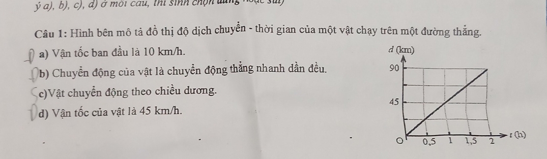 ý a), b), c), đ) ở môi câu, thi sinh chọn dùng noặc su 
Câu 1: Hình bên mô tả đồ thị độ dịch chuyển - thời gian của một vật chạy trên một đường thắng. 
a) Vận tốc ban đầu là 10 km/h. 
b) Chuyển động của vật là chuyển động thẳng nhanh dần đều. 
c)Vật chuyển động theo chiều dương. 
d) Vận tốc của vật là 45 km/h.