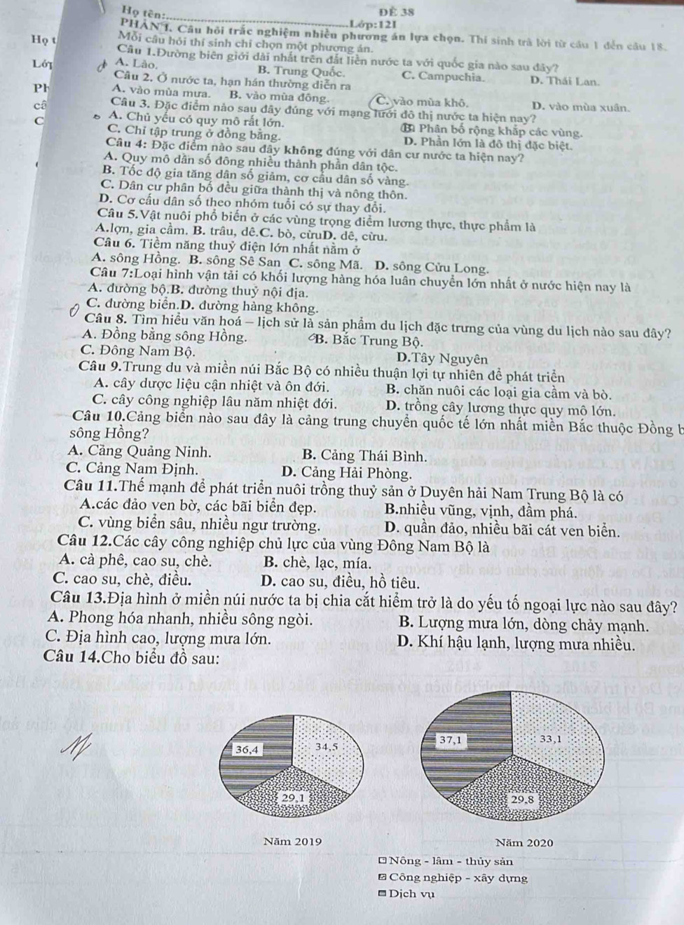 Họ tên:
ĐÉ 38
_
.Lớp:12I
PHẢN T. Câu hồi trắc nghiệm nhiều phương án lựa chọn. Thí sinh trà lời từ cầu 1 đến cầu 18.
Mỗi câu hỏi thí sinh chỉ chọn một phương án.
Họ t Câu 1.Đường biên giới dài nhất trên đất liền nước ta với quốc gia nào sau đây?
LớT A. Lão. B. Trung Quốc. C. Campuchia. D. Thái Lan.
Câu 2, Ở nước ta, hạn hán thường diễn ra
Ph A. vào mùa mưa. B. vào mùa đông. C. vào mùa khô. D. vào mùa xuân.
câ Câu 3. Đặc điểm nào sau đây đúng với mạng lưới đô thị nước ta hiện nay?
C A. Chủ yếu có quy mô rất lớn. B Phân bố rộng khắp các vùng.
C. Chỉ tập trung ở đồng bằng. D. Phần lớn là đô thị đặc biệt.
Câu 4: Đặc điểm nào sau đây không đúng với dân cư nước ta hiện nay?
A. Quy mô dân số đông nhiều thành phần dân tộc.
B. Tốc độ gia tăng dân số giảm, cơ cầu dân số vàng.
C. Dân cư phân bố đều giữa thành thị và nông thôn.
D. Cơ cấu dân số theo nhóm tuổi có sự thay đổi.
Câu 5.Vật nuôi phổ biến ở các vùng trọng điểm lương thực, thực phẩm là
A.lợn, gia cầm. B. trâu, dê.C. bò, cừuD. dê, cừu.
Câu 6. Tiềm năng thuỷ điện lớn nhất nằm ở
A. sông Hồng. B. sông Sê San C. sông Mã. D. sông Cửu Long.
Câu 7:Loại hình vận tải có khối lượng hàng hóa luân chuyển lớn nhất ở nước hiện nay là
A. đường bộ.B. đường thuỷ nội địa.
C. đường biển.D. đường hàng không.
Câu 8. Tìm hiều văn hoá - lịch sử là sản phẩm du lịch đặc trưng của vùng du lịch nào sau đây?
A. Đồng bằng sông Hồng. B. Bắc Trung Bộ.
C. Đông Nam Bộ. D.Tây Nguyên
Câu 9.Trung du và miền núi Bắc Bộ có nhiều thuận lợi tự nhiên để phát triển
A. cây dược liệu cận nhiệt và ôn đới. B. chăn nuôi các loại gia cầm và bò.
C. cây công nghiệp lâu năm nhiệt đới. D. trồng cây lương thực quy mô lớn.
Câu 10.Cảng biển nào sau đây là cảng trung chuyển quốc tế lớn nhất miền Bắc thuộc Đồng b
sông Hồng?
A. Cảng Quảng Ninh. B. Cảng Thái Bình.
C. Cảng Nam Định. D. Cảng Hải Phòng.
Câu 11.Thế mạnh để phát triển nuôi trồng thuỷ sản ở Duyên hải Nam Trung Bộ là có
A.các đảo ven bờ, các bãi biển đẹp. B.nhiều vũng, vịnh, đầm phá.
C. vùng biển sâu, nhiều ngư trường. D. quần đảo, nhiều bãi cát ven biển.
Câu 12.Các cây công nghiệp chủ lực của vùng Đông Nam Bộ là
A. cà phê, cao su, chè. B. chè, lạc, mía.
C. cao su, chè, điều. D. cao su, điều, hồ tiêu.
Câu 13.Địa hình ở miền núi nước ta bị chia cắt hiểm trở là do yếu tố ngoại lực nào sau đây?
A. Phong hóa nhanh, nhiều sông ngòi. B. Lượng mưa lớn, dòng chảy mạnh.
C. Địa hình cao, lượng mưa lớn. D. Khí hậu lạnh, lượng mưa nhiều.
Câu 14.Cho biểu đồ sau:
36,4 34,5
29,1 
Năm 2019 Năm 2020
* Nông - lâm - thủy sản
* Công nghiệp - xây dựng
*Dịch vụ