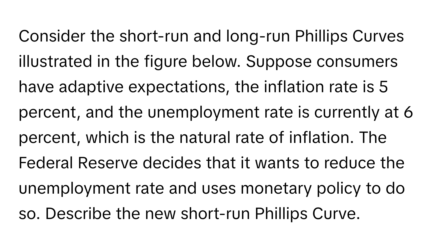 Consider the short-run and long-run Phillips Curves illustrated in the figure below. Suppose consumers have adaptive expectations, the inflation rate is 5 percent, and the unemployment rate is currently at 6 percent, which is the natural rate of inflation. The Federal Reserve decides that it wants to reduce the unemployment rate and uses monetary policy to do so. Describe the new short-run Phillips Curve.