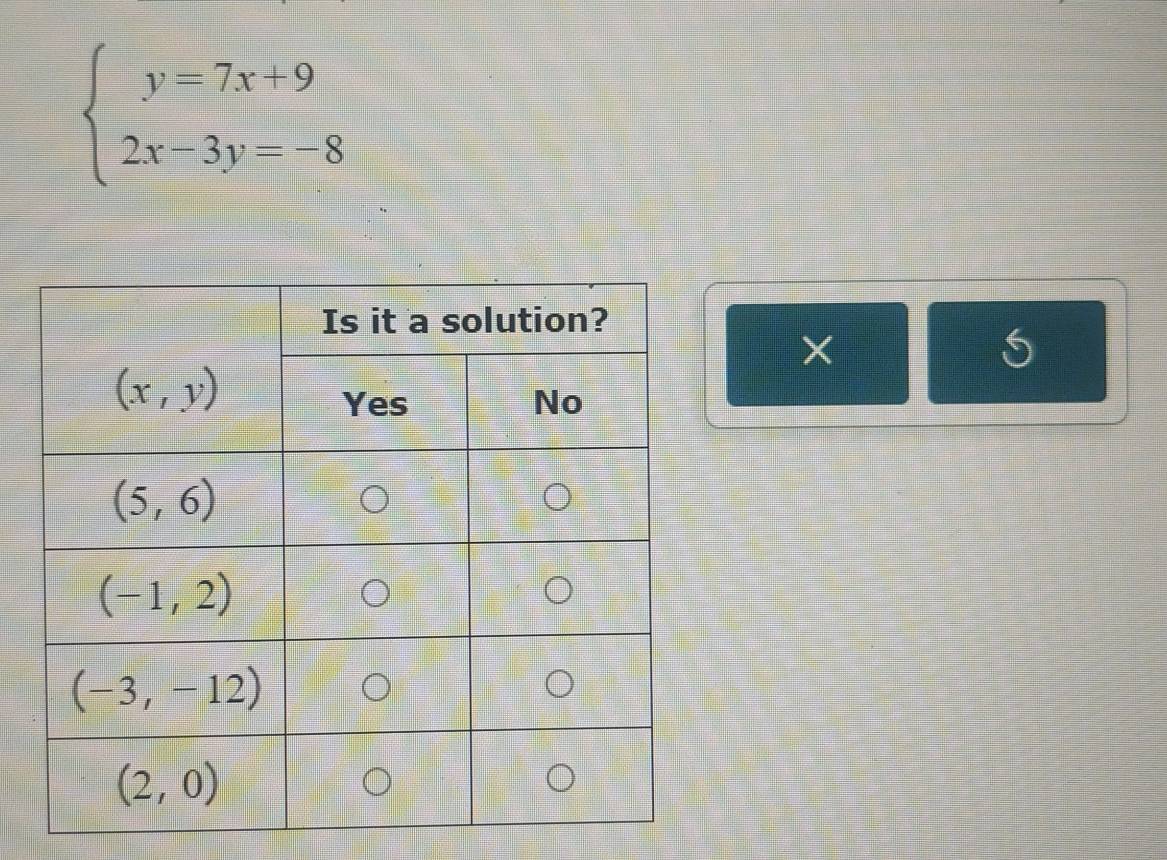 beginarrayl y=7x+9 2x-3y=-8endarray.
×