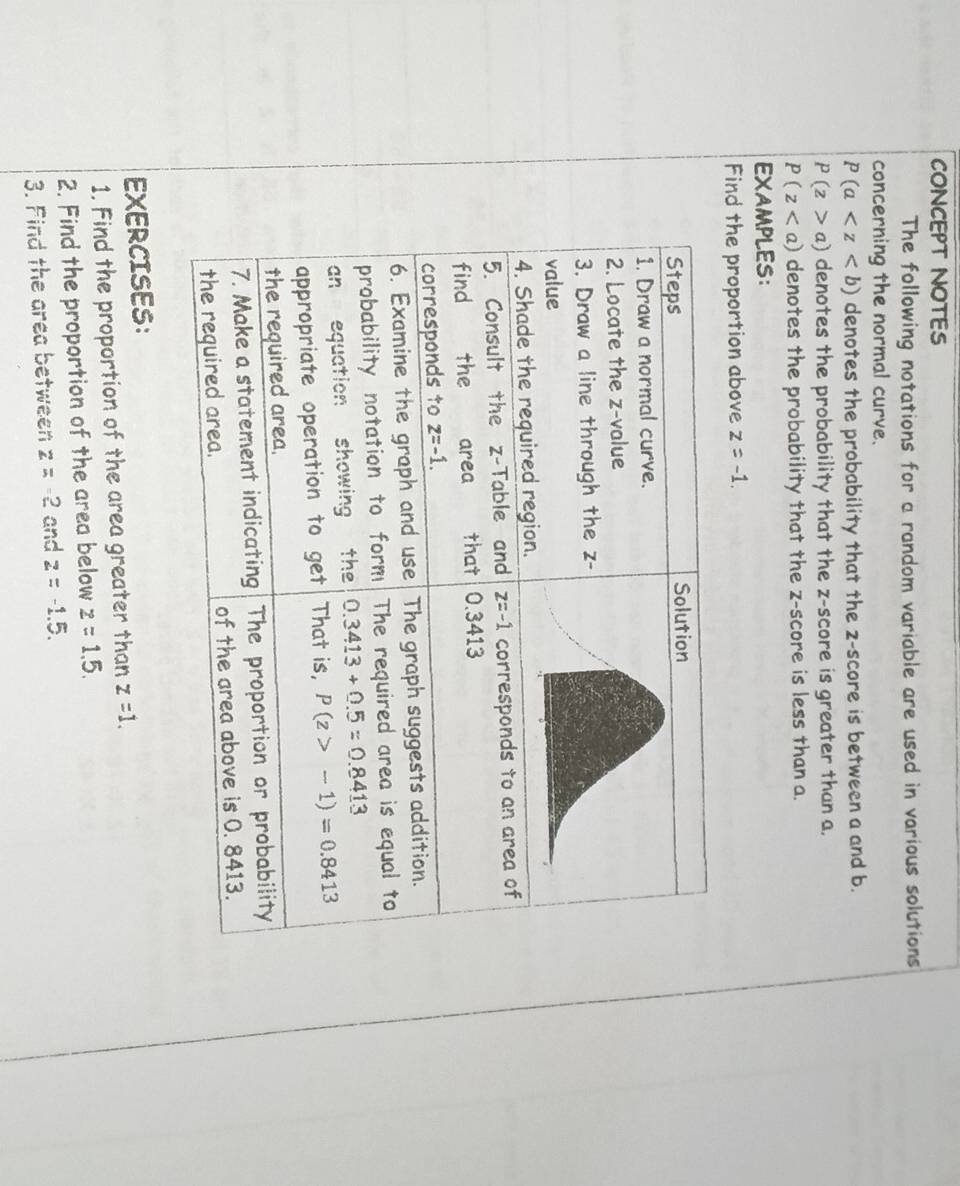 CONCEPT NOTES
The following notations for a random variable are used in various solutions
concerning the normal curve.
P(a denotes the probability that the z-score is between a and b.
P(z>a) denotes the probability that the z-score is greater than a.
P(z denotes the probability that the z-score is less than a.
EXAMPLES:
Find the proportion above z=-1.
EXERCISES:
1. Find the proportion of the area greater than z=1.
2. Find the proportion of the area below z=1.5.
3. Find the area between z=-2 and z=-1.5.
