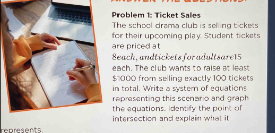 Problem 1: Ticket Sales 
The school drama club is selling tickets 
or their upcoming play. Student tickets 
re priced at 
8each,andticketsforadultsare15 
ach. The club wants to raise at least
1000 from selling exactly 100 tickets 
n total. Write a system of equations 
representing this scenario and graph 
the equations. Identify the point of 
ntersection and explain what it 
represents.