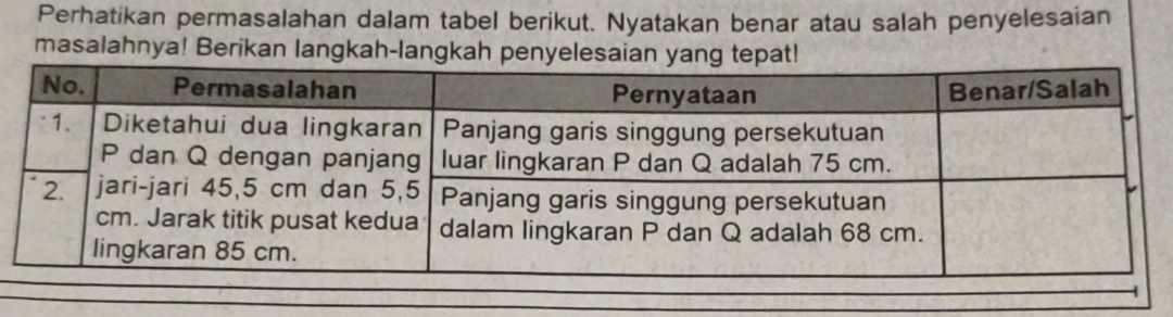 Perhatikan permasalahan dalam tabel berikut. Nyatakan benar atau salah penyelesaian 
masalahnya! Berikan langkah-langkah penyelesaian yang t!