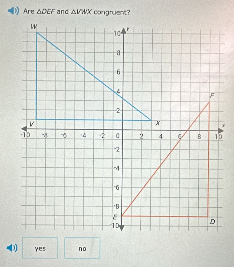 Are △ DEF and △ VWX congruent?
yes no