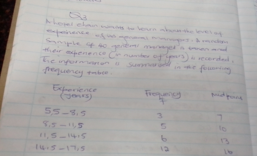 A hotel chain wents to learn about the level of 
expesience of its genel Managers. Arandow 
sample of 40 genern managed is taken ared 
their expenence (in number of years) is recorded, 
he information is summarised in the following 
frequency table. 
Experience Fregying 
(ears) 
midjoing
55 -8. 5 3 7
8. 5 - 11, 5 5
l0
11, 5 -1415
6
13
1415 -17, 5 12
16