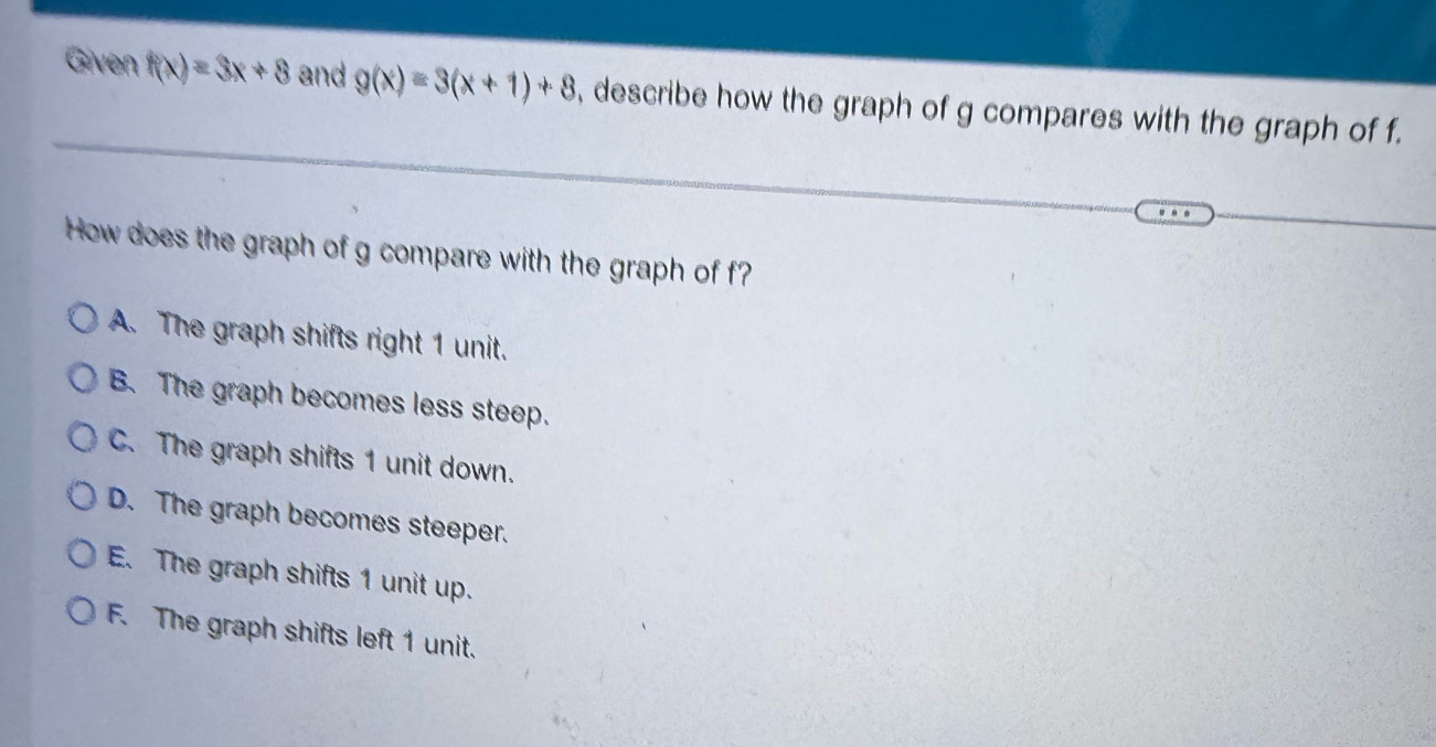 Solved: Given f(x)=3x+8 and g(x)=3(x+1)+8 , describe how the graph of g ...