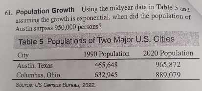 Population Growth Using the midyear data in Table 5 and 
assuming the growth is exponential, when did the population of 
Austin surpass 950,000 persons? 
Table 5 Populations of Two Major U.S. Cities 
City 1990 Population 2020 Population 
Austin, Texas 465, 648 965, 872
Columbus, Ohio 632, 945 889, 079
Source: US Census Bureau, 2022.