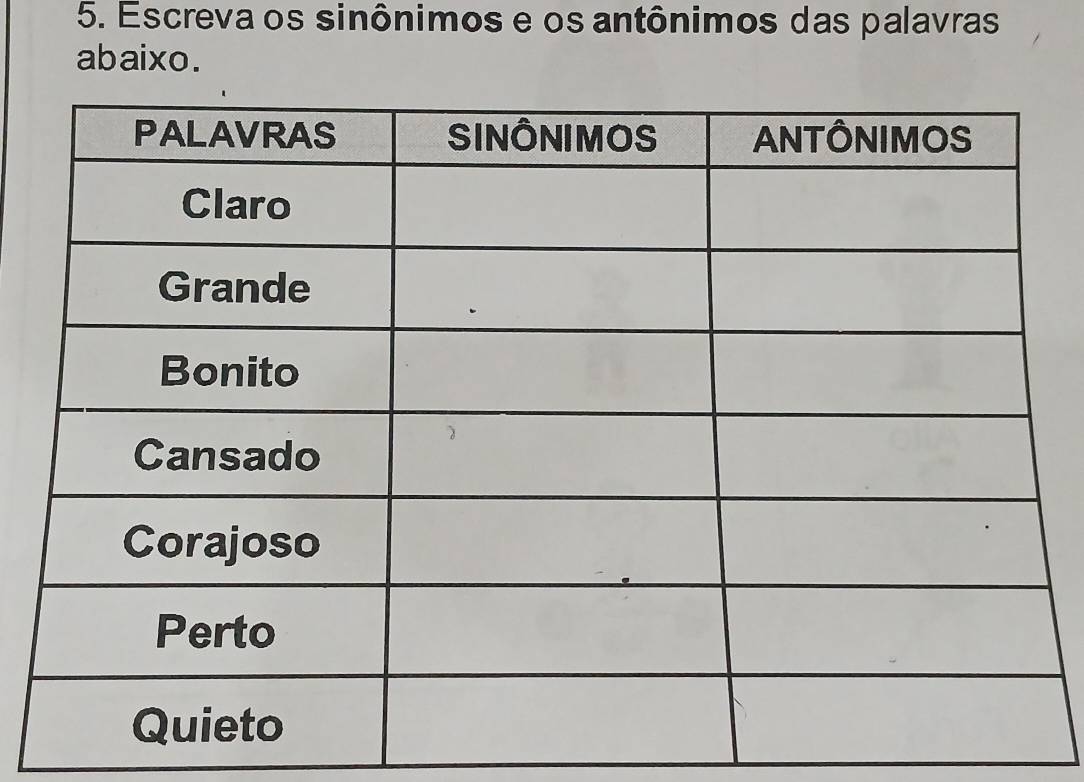 Escreva os sinônimos e os antônimos das palavras 
abaixo.