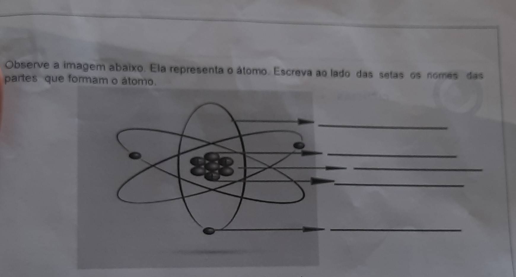 Observe a imagem abaixo. Ela representa o átomo. Escreva ao lado das setas os nomes das 
partes que formam o átomo. 
_ 
_ 
_ 
_ 
_ 
_