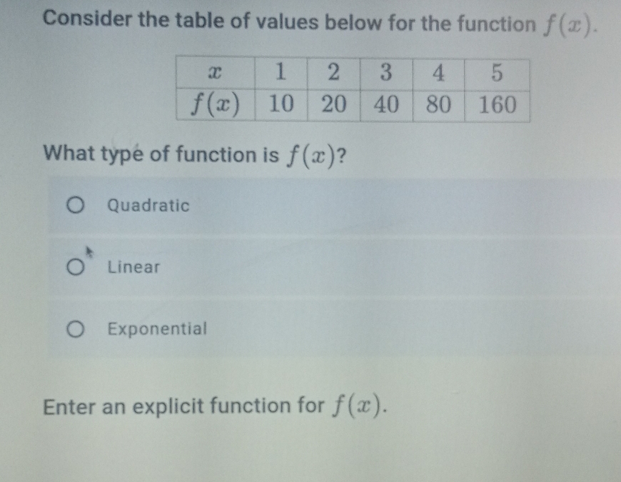 Consider the table of values below for the function f(x).
What type of function is f(x) ?
Quadratic
Linear
Exponential
Enter an explicit function for f(x).