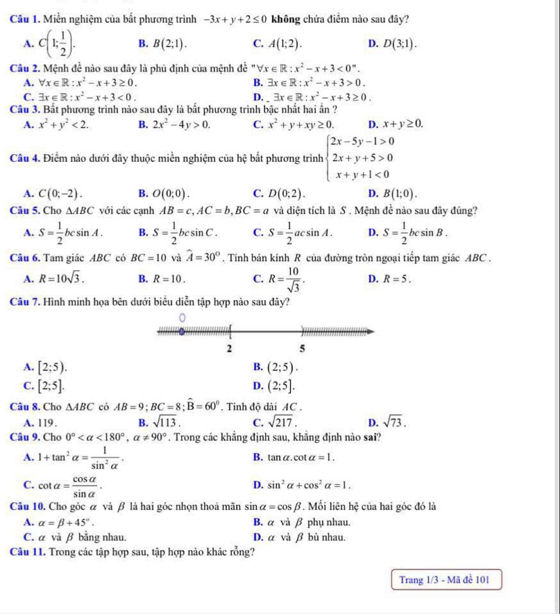 Miền nghiệm của bất phương trình -3x+y+2≤ 0 không chứa điểm nào sau đây?
A. C(1; 1/2 ). B. B(2;1). C. A(1;2). D. D(3;1).
Câu 2. Mệnh đề nào sau đây là phủ định của mệnh đề "V x∈ R:x^2-x+3<0''.
A. forall x∈ R:x^2-x+3≥ 0. B. exists x∈ R:x^2-x+3>0.
C. exists x∈ R:x^2-x+3<0. D. exists x∈ R:x^2-x+3≥ 0.
Câu 3. Bất phương trình nào sau đây là bất phương trình bậc nhất hai ấn ?
A. x^2+y^2<2. B. 2x^2-4y>0. C. x^2+y+xy≥ 0. D. x+y≥ 0.
Câu 4. Điểm nào dưới đây thuộc miền nghiệm của hệ bất phương trình beginarrayl 2x-5y-1>0 2x+y+5>0 x+y+1<0endarray.
A. C(0;-2). B. O(0;0). C. D(0;2). D. B(1;0).
Câu 5. Cho △ ABC với các cạnh AB=c,AC=b,BC=a và diện tích là S . Mệnh đề nào sau đây đúng?
A. S= 1/2 bcsin A. B. S= 1/2 bcsin C. C. S= 1/2 acsin A. D. S= 1/2 bcsin B.
Câu 6. Tam giác ABC có BC=10 và hat A=30°. Tính bán kính R của đường tròn ngoại tiếp tam giác ABC .
A. R=10sqrt(3). B. R=10. C. R= 10/sqrt(3) . D. R=5.
Câu 7. Hình minh họa bên dưới biểu diễn tập hợp nào sau đây?
A. [2;5). B. (2;5).
C. [2;5]. D. (2;5].
Câu 8. Cho △ ABC có AB=9;BC=8;widehat B=60°. Tinh độ dài AC .
A. 119. B. sqrt(113). C. sqrt(217). D. sqrt(73).
Câu 9. Cho 0° <180°,alpha != 90°. Trong các khẳng định sau, khẳng định nào sai?
A. 1+tan^2alpha = 1/sin^2alpha  .
B. tan alpha .cot alpha =1.
C. cot alpha = cos alpha /sin alpha  .
D. sin^2alpha +cos^2alpha =1.
Câu 10. Cho góc α và β là hai góc nhọn thoả mãn sin alpha =cos beta. Mối liên hệ của hai góc đó là
A. alpha =beta +45°. B. α và β phụ nhau.
C. α và β bằng nhau. D. α và β bù nhau.
Câu 11. Trong các tập hợp sau, tập hợp nào khác rỗng?
Trang 1/3 - Mã đề 101