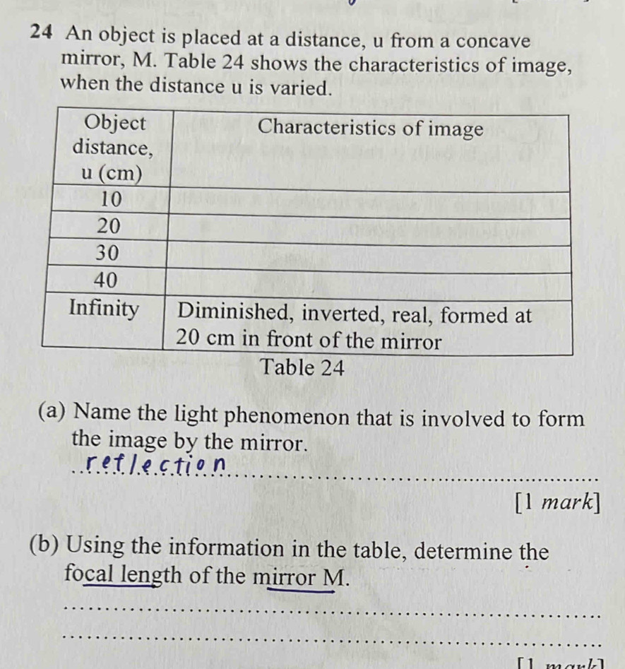 An object is placed at a distance, u from a concave 
mirror, M. Table 24 shows the characteristics of image, 
when the distance u is varied. 
(a) Name the light phenomenon that is involved to form 
the image by the mirror. 
_ 
_ 
_ 
[1 mark] 
(b) Using the information in the table, determine the 
_ 
focal length of the mirror M. 
_ 
_