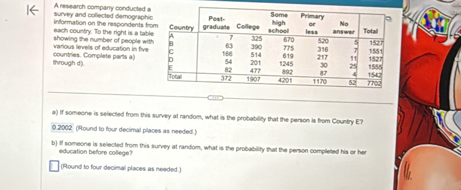 A research company conducted 
survey and collected demographi 
information on the respondents fr 
each country. To the right is a tab 
showing the number of people wi 
various levels of education in five 
countries. Complete parts a) 
through d). 
a) If someone is selected from this survey at random, what is the probability that the person is from Country E? 
0.2002 (Round to four decimal places as needed.) 
b) If someone is selected from this survey at random, what is the probability that the person completed his or her 
education before college? 
(Round to four decimal places as needed.)