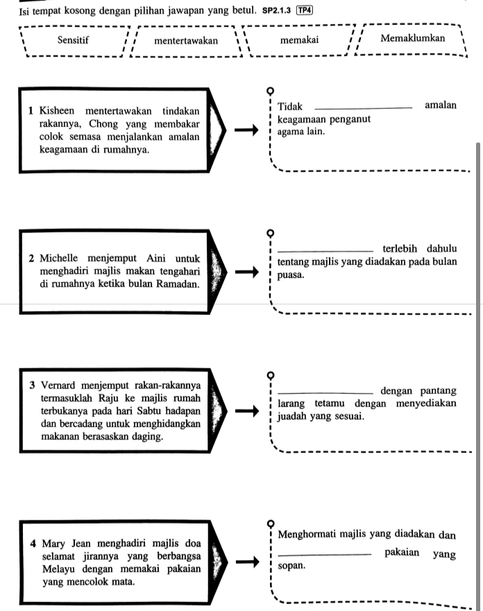 Isi tempat kosong dengan pilihan jawapan yang betul. SP2.1.3 TP4
Sensitif mentertawakan memakai Memaklumkan
1 Kisheen mentertawakan tindakan Tidak _amalan
rakannya, Chong yang membakar keagamaan penganut
colok semasa menjalankan amalan agama lain.
keagamaan di rumahnya.
Q
_terlebih dahulu
2 Michelle menjemput Aini untuk tentang majlis yang diadakan pada bulan
menghadiri majlis makan tengahari
di rumahnya ketika bulan Ramadan. puasa.
3 Vernard menjemput rakan-rakannya _dengan pantang
termasuklah Raju ke majlis rumah larang tetamu dengan menyediakan
terbukanya pada hari Sabtu hadapan
dan bercadang untuk menghidangkan juadah yang sesuai.
makanan berasaskan daging.
Menghormati majlis yang diadakan dan
4 Mary Jean menghadiri majlis doa _pakaian yang
selamat jirannya yang berbangsa
Melayu dengan memakai pakaian sopan.
yang mencolok mata.