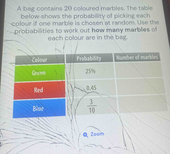Solved: A bag contains 20 coloured marbles. The table below shows the ...