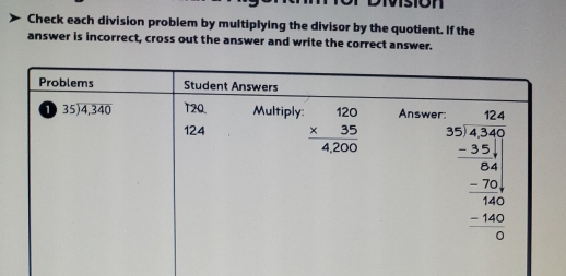 Check each division problem by multiplying the divisor by the quotient. If the
answer is incorrect, cross out the answer and write the correct answer.