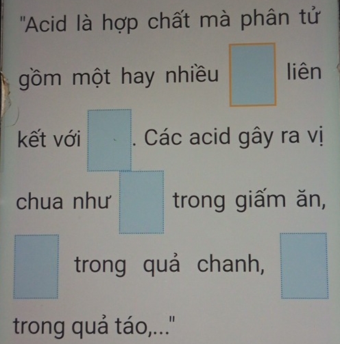 'Acid là hợp chất mà phân tử 
gồm một hay nhiều liên 
kết với Các acid gây ra vị 
chua như trong giấm ăn, 
^circ  trong quả chanh,
∴ △ ADCsim △ ABC
trong quả táo,..."