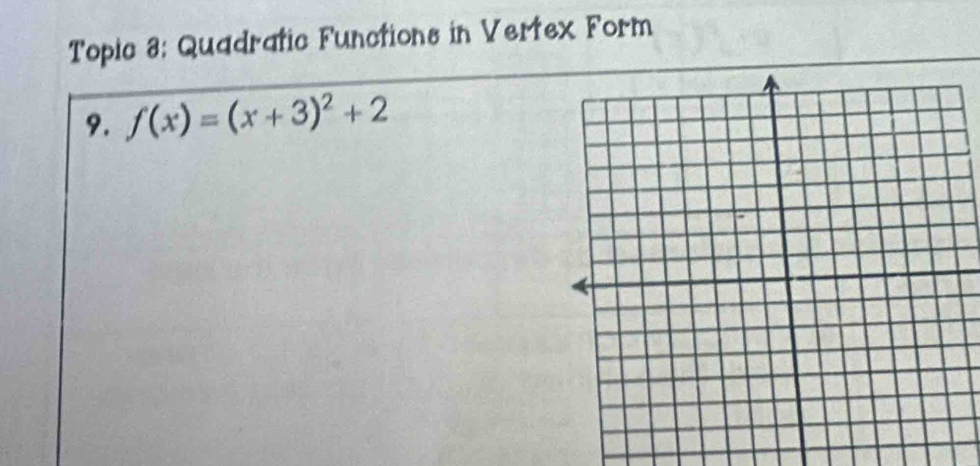 Topic 3: Quadratic Functions in Vertex Form 
9. f(x)=(x+3)^2+2