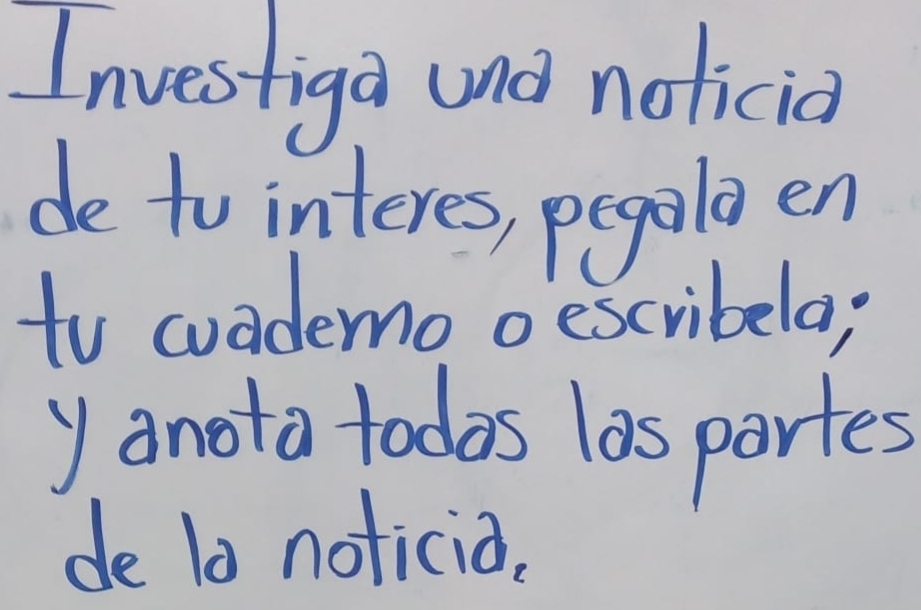 Investiga und nolicia 
de to interes, pegole en 
to coademo oescribela; 
y anota todas las partes 
de la noticia.