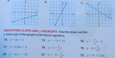 y B. C. 

IDENTIFYING SLOPES AND y-INTERCEPTS Find the slope and the 
y-intercept of the graph of the linear equation. 
14. y=4x-5 15. y=-7x+12 16. y=- 4/5 x-2
17. y=2.25x+3 18. y+1= 4/3 x 19. y-6= 3/8 x
20. y-3.5=-2x 21. y=-5- 1/2 x 22. y=11+1.5x