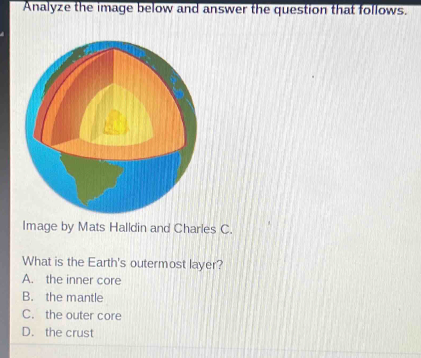 Analyze the image below and answer the question that follows.
Image by Mats Halldin and Charles C.
What is the Earth's outermost layer?
A. the inner core
B. the mantle
C. the outer core
D. the crust