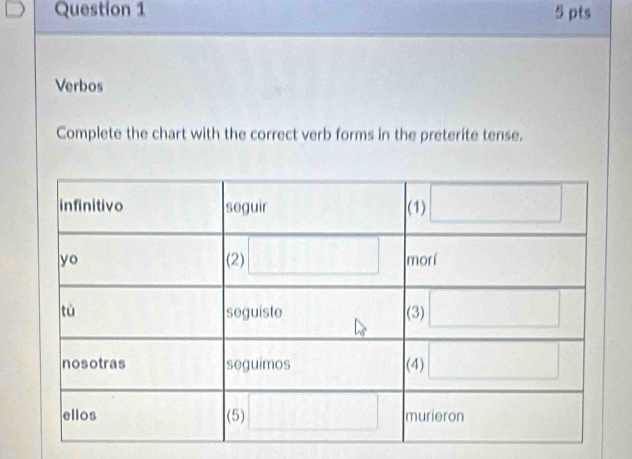 Verbos 
Complete the chart with the correct verb forms in the preterite tense.