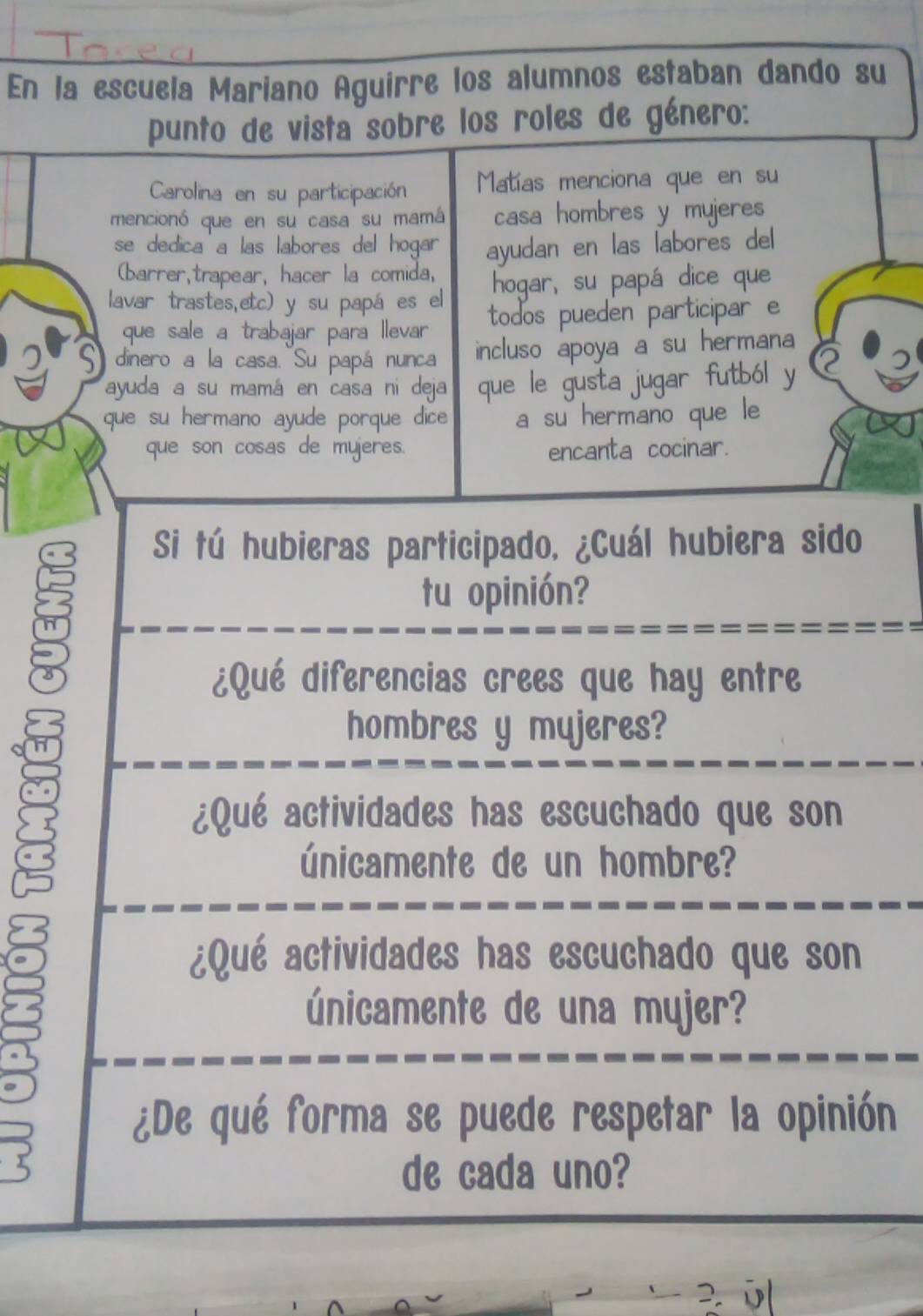 En la escuela Mariano Aguirre los alumnos estaban dando su 
punto de vista sobre los roles de género: 
Carolina en su participación Matías menciona que en su 
mencionó que en su casa su mamá casa hombres y mujeres 
se dedica'a las labores del hogar ayudan en las labores del 
(barrer,trapear, hacer la comida, 
lavar trastes,etc) y su papáes el hogar, su papá dice que 
que sale a trabajar para llevar todos pueden participar e 
dinero a la casa. Su papá nunca incluso apoya a su hermana 
ayuda a su mamá en casa ni deja que le gusta jugar futból y 
que su hermano ayude porque dice a su hermano que le 
que son cosas de mujeres. encanta cocinar. 
a 
n 
2. ū