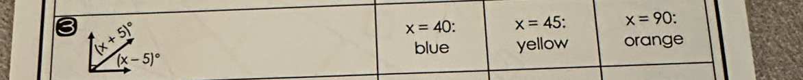 3 (x+5)^circ 
x=40 x=45. x=90
blue yellow orange
(x-5)^circ 