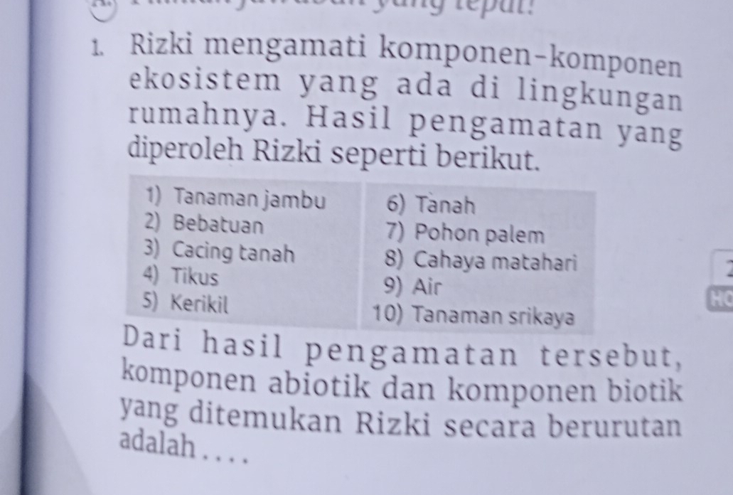 yang repur. 
1. Rizki mengamati komponen-komponen 
ekosistem yang ada di lingkungan 
rumahnya. Hasil pengamatan yang 
diperoleh Rizki seperti berikut. 
I 
HO 
hasil pengamatan tersebut, 
komponen abiotik dan komponen biotik 
yang ditemukan Rizki secara berurutan 
adalah . . . .