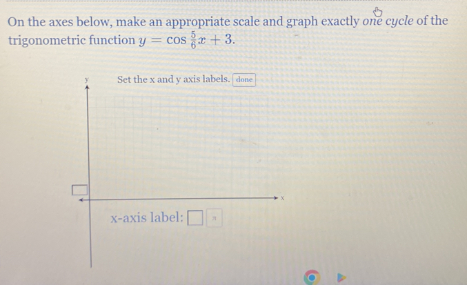 On the axes below, make an appropriate scale and graph exactly one cycle of the 
trigonometric function y=cos  5/6 x+3.