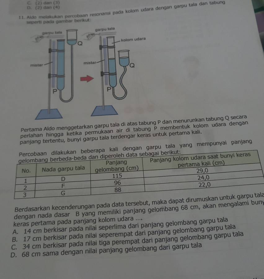 C. (2) dan (3)
D. (2) dan (4)
11. Aido melakukan percobaan resonansi pada kolom udara dengan garpu tala dan tabung
seperti pada gambar berikut:
Pertama Aldo menggetarkan garpu tala di ag P dan menurunkan tabung Q secara
perlahan hingga ketika permukaan air di tabung P membentuk kolom udara dengan
panjang tertentu, bunyi garpu tala terdengar keras untuk pertama kali.
li dengan garpu tala yang mempunyai panjang
Berdasarkan kecenderungan pada data tersebut, makla
dengan nada dasar B yang memiliki panjang gelombang 68 cm, akan mengalami buny
keras pertama pada panjang kolom udara ....
A. 14 cm berkisar pada nilai seperlima dari panjang gelombang garpu tala
B. 17 cm berkisar pada nilai seperempat dari panjang gelombang garpu tala
C. 34 cm berkisar pada nilai tiga perempat dari panjang gelombang garpu tala
D. 68 cm sama dengan nilai panjang gelombang dari garpu tala