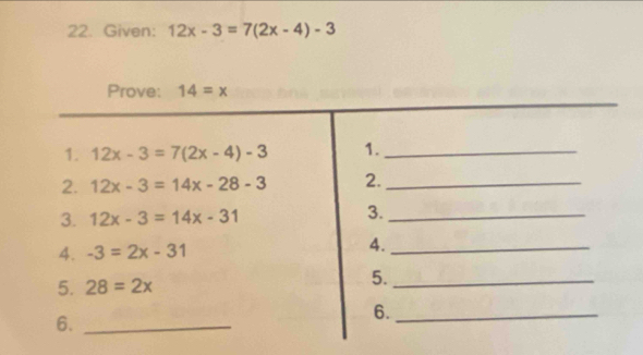 Given: 12x-3=7(2x-4)-3