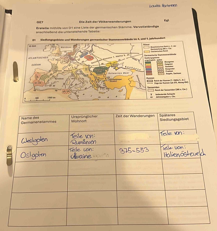 GE7 Die Zeit der Völkerwanderungen Egl 
Erstelle mithilfe von D1 eine Liste der germanischen Stämme. Vervollständige 
anschließend die untenstehende Tabelle: