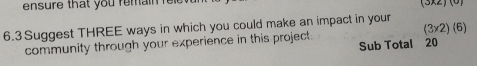 ensure that you remain re
(3* 2)(0)
6.3 Suggest THREE ways in which you could make an impact in your 
community through your experience in this project. (3* 2)(6)
Sub Total 20