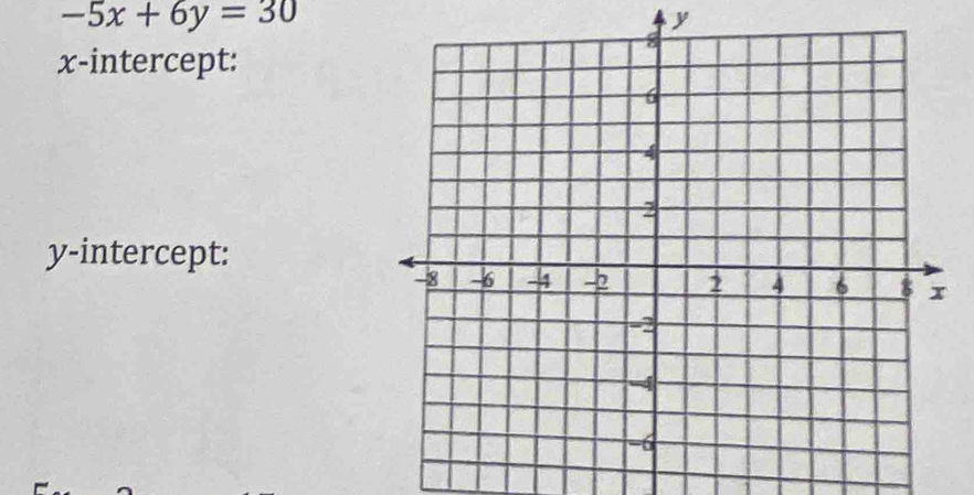 -5x+6y=30
y
x-intercept: 
y-intercept: