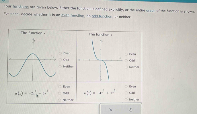 Four functions are given below. Either the function is defined explicitly, or the entire graph of the function is shown.
For each, decide whether it is an even function, an odd function, or neither.
The function The function s
EvenEven
Odd
Odd
NeitherNeither
Even Even
g(x)=-2x^5+3x^2 Odd h(x)=-4x^5+7x^3 Odd
Neither Neither
×