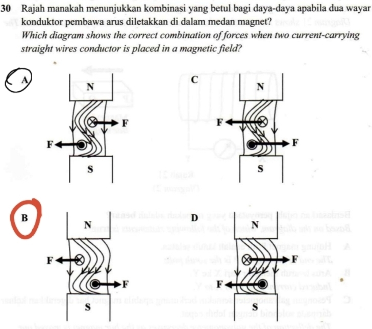 Rajah manakah menunjukkan kombinasi yang betul bagi daya-daya apabila dua wayar
konduktor pembawa arus diletakkan di dalam medan magnet?
Which diagram shows the correct combination of forces when two current-carrying
straight wires conductor is placed in a magnetic field?
A
C
B
D