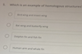 Which is an example of homologous structures
Bird wing and insect wing
Bat wing and butterfly wing
Dolphin fin and fish fin
Human arm and whale fin