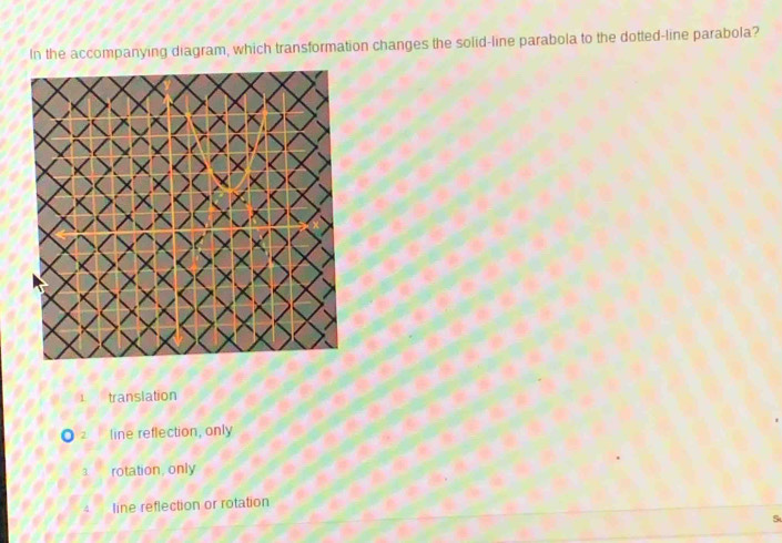 In the accompanying diagram, which transformation changes the solid-line parabola to the dotted-line parabola?
translation
line reflection, only
rotation, only
line reflection or rotation