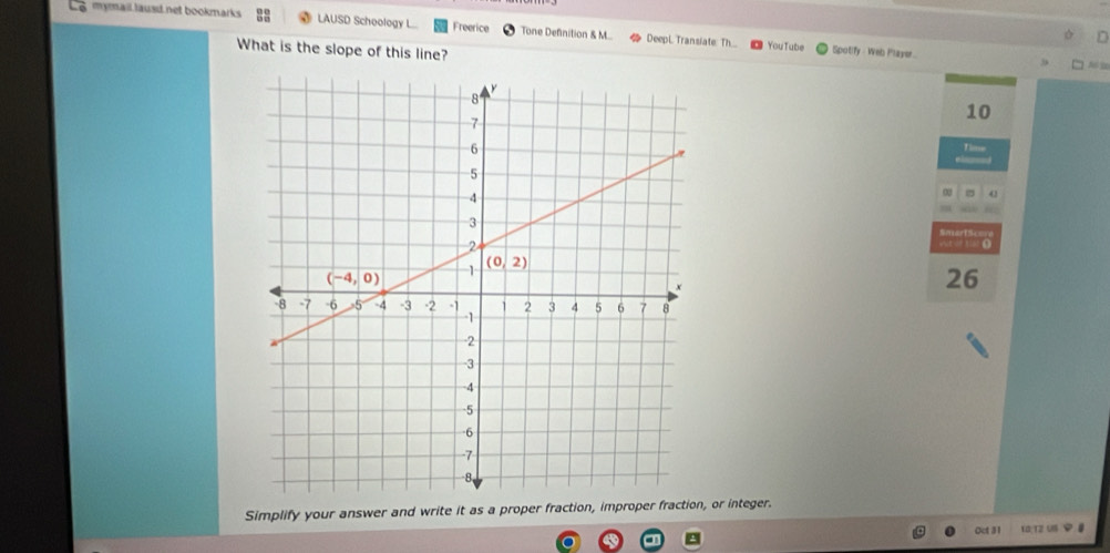 mymail lausd net bookmarks LAUSD Schoology L.. Freerice Tone Definition & M... DeepL Transiate: Th...
D
What is the slope of this line?
YouTube Spotify - Web Player A 
10
n
42
SoertS 
“   (
26
Simplify your answer and write it as a proper fraction, improper fraction, or integer.
Oct 31 10:T2 US